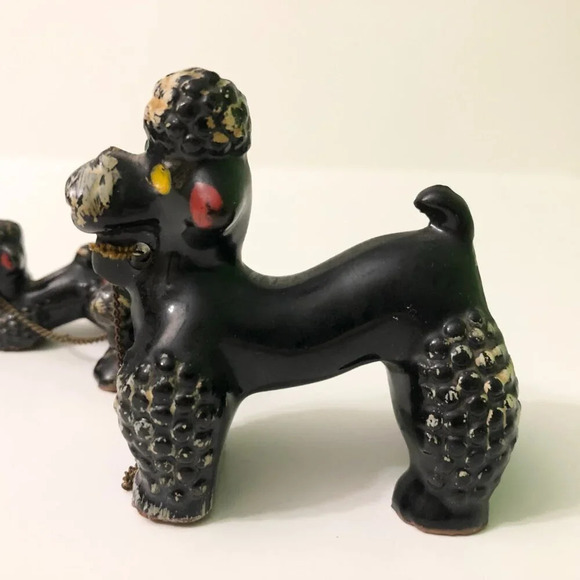 Vintage 60s Redware Poodle Family Set Mom Pups Black White on Chains Japan Flaws - Picture 3 of 16